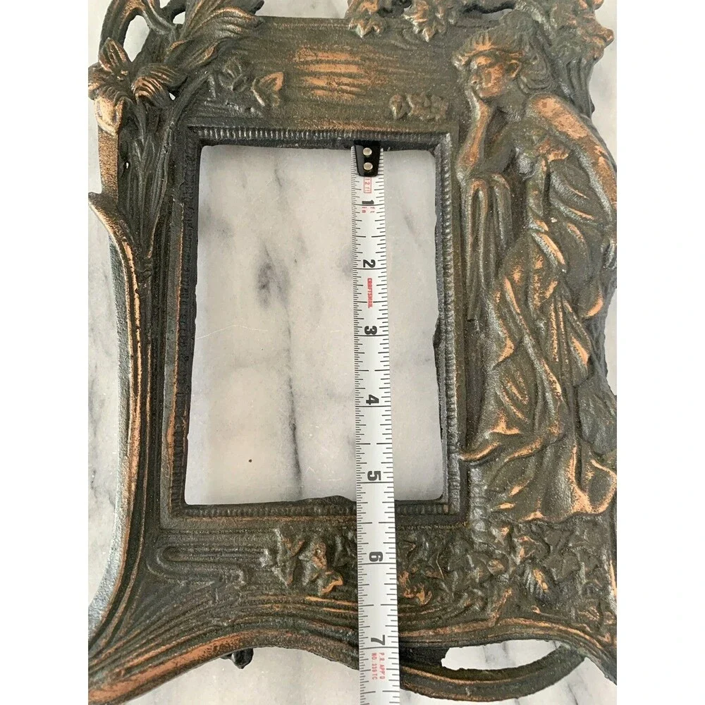 VTG Cast Iron W Copper Wash Photo Frame Art Nouveau Woman Floral w Stand